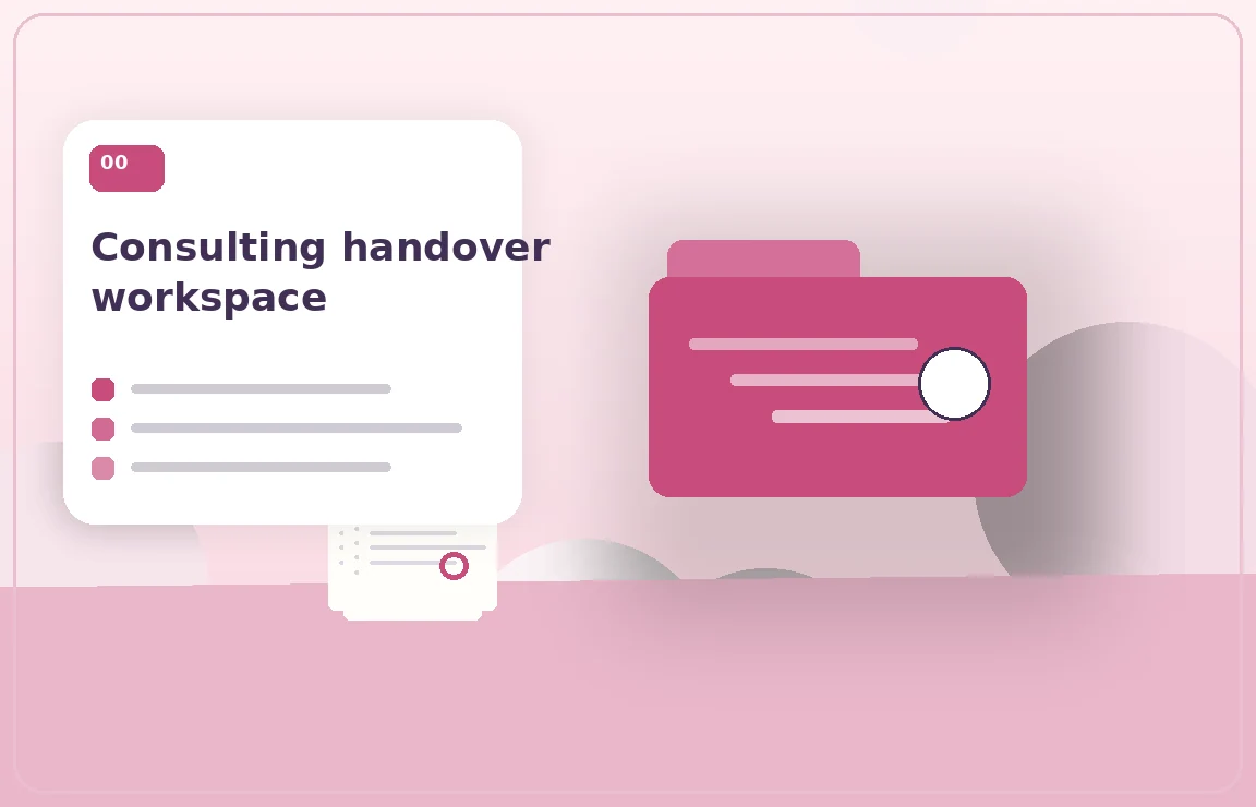 Original editorial artwork illustrating consulting handover workspace: overview 1